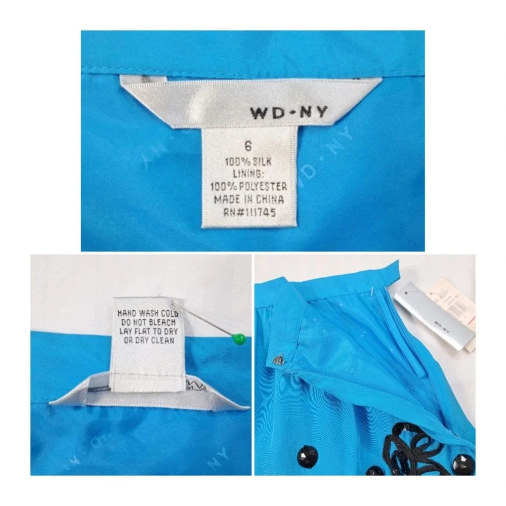 WD-NY A-Line Skirt Size 6 Lagoon Blue & Black 100% Silk Embroidered Floral Print